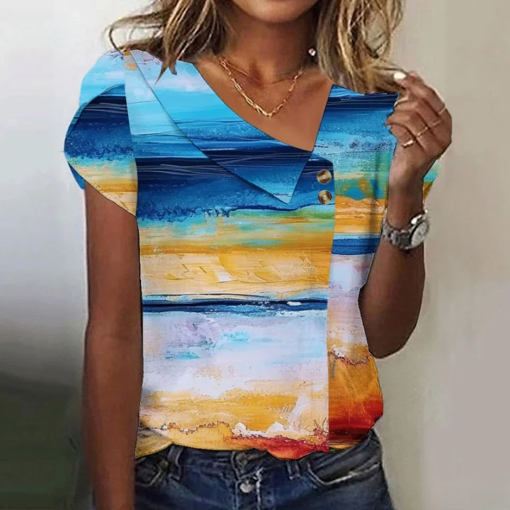 Women Geometric Short Sleeve Tee T-shirt Asymmetrical Buckle Vintage Summer Top