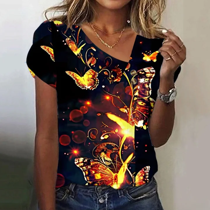 Women Geometric Short Sleeve Tee T-shirt Asymmetrical Buckle Vintage Summer Top