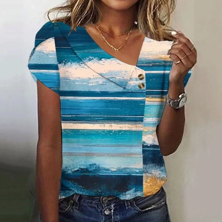 Women Geometric Short Sleeve Tee T-shirt Asymmetrical Buckle Vintage Summer Top