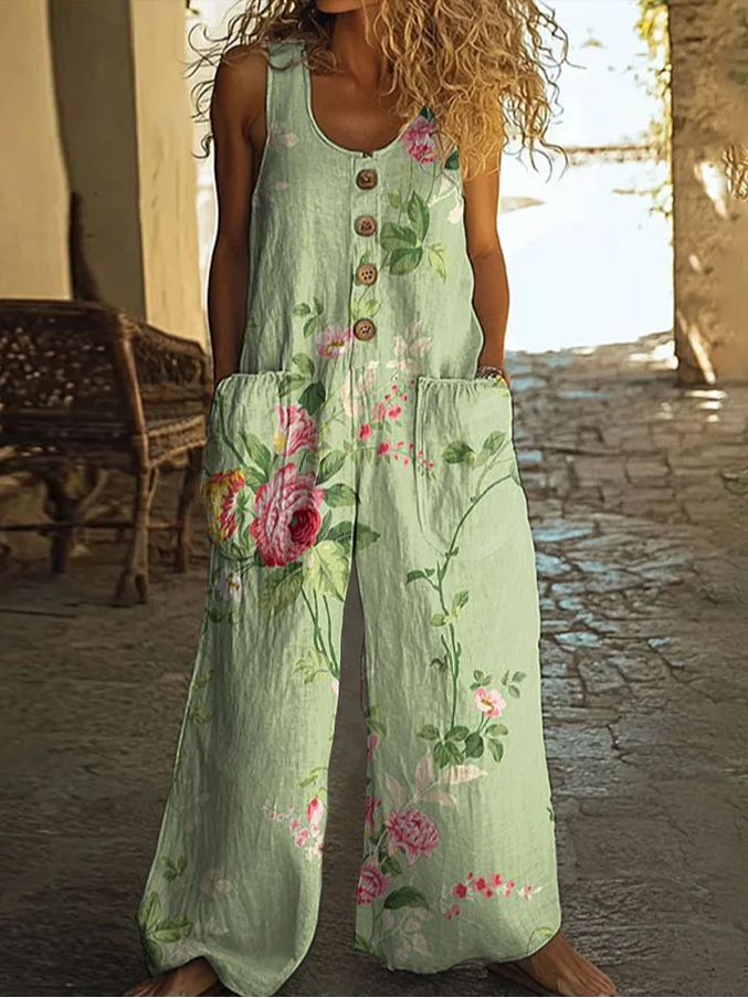Women Floral Crew Neck Sleeveless Casual Summer Jumpsuit