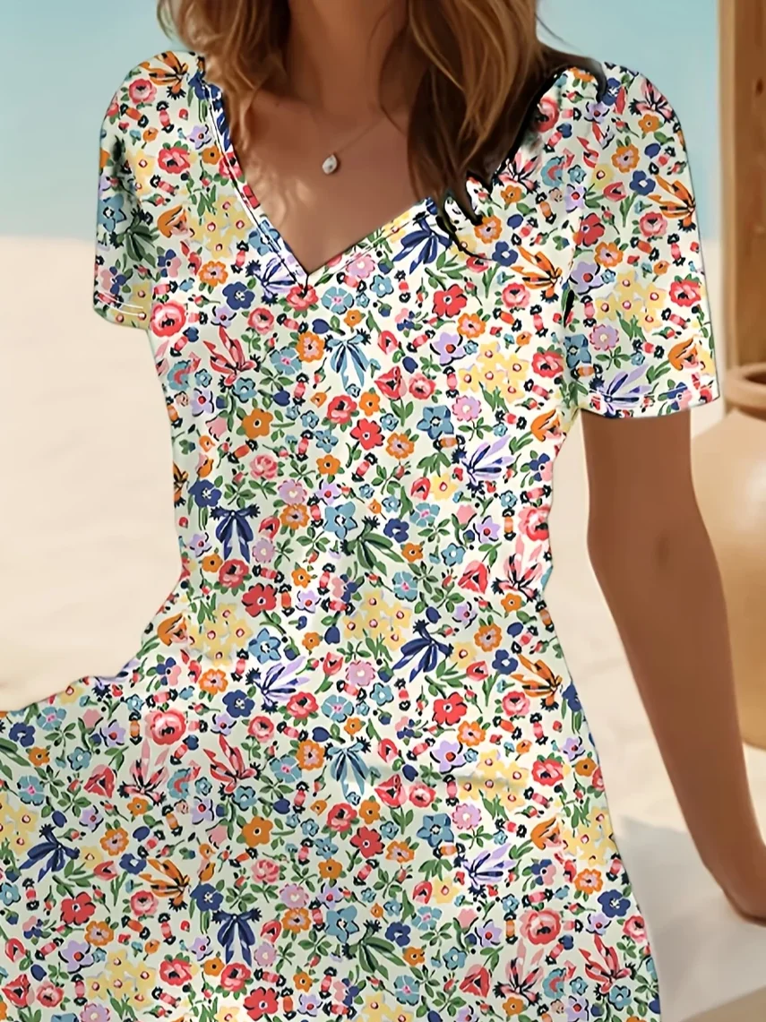 Women Floral Short Sleeve Summer Printing Dress V Neck Daily Casual Midi Fit & Flare Dress A-Line Dress