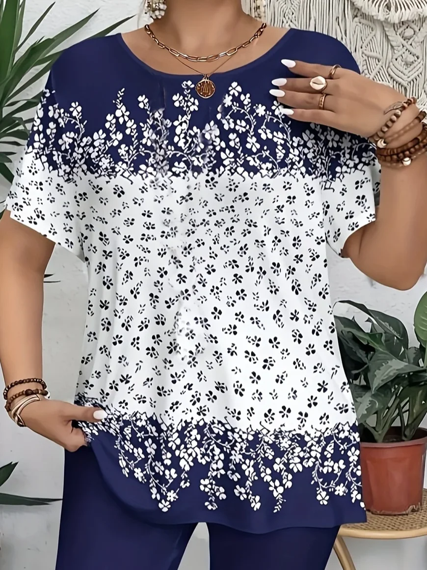 Women Floral Short Sleeve Tee T-shirt Crew Neck Printing Casual Summer Graphic Tee Top