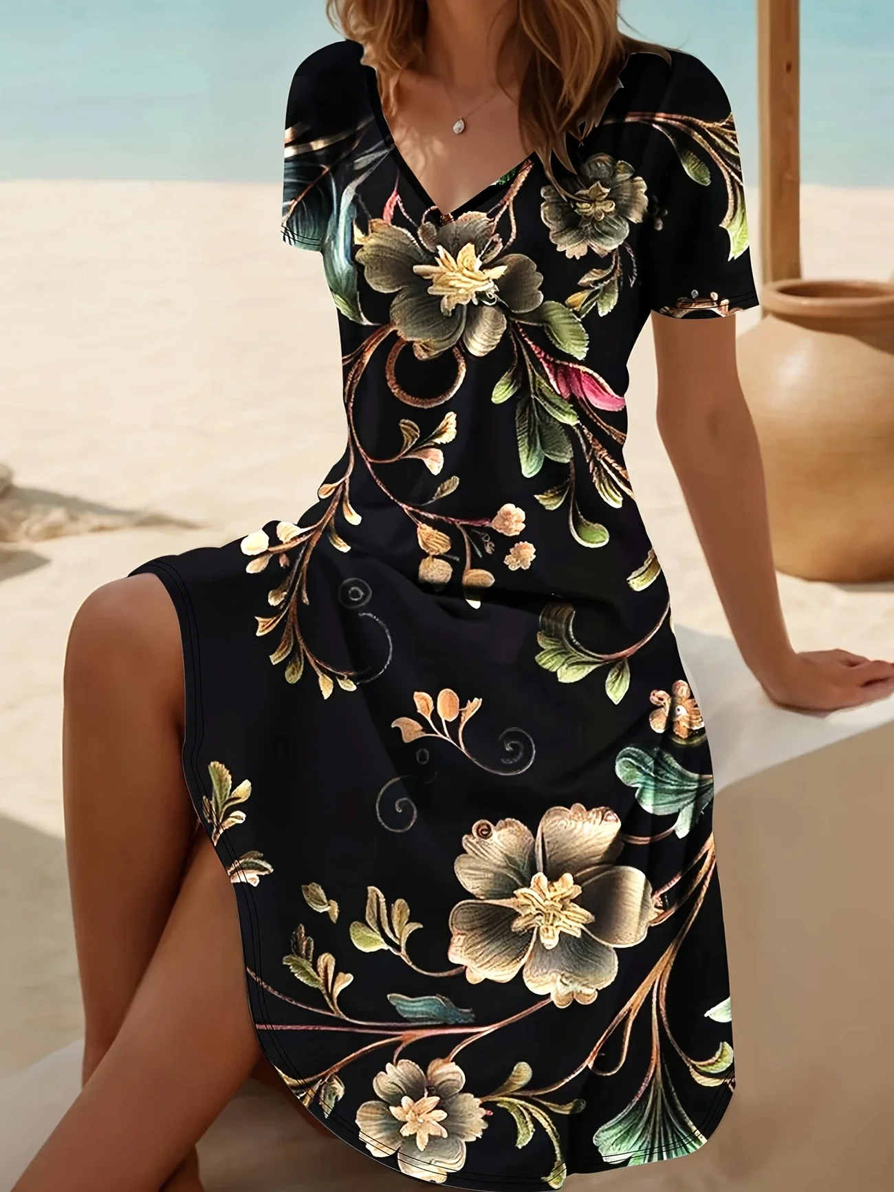Women Floral Short Sleeve Summer Dress V Neck Daily Casual Midi Fit & Flare Dress A-Line Dress