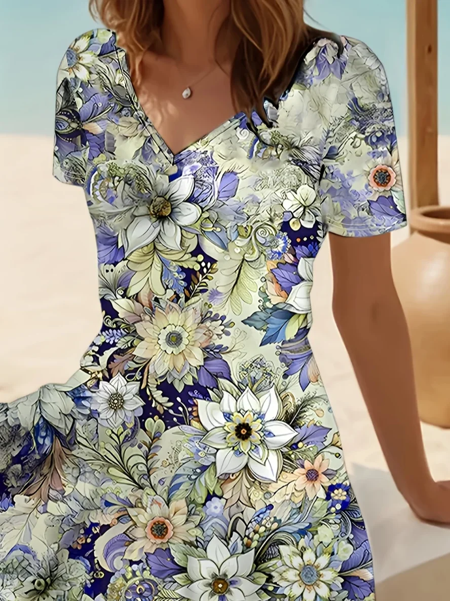 Women Floral Short Sleeve Summer Printing Dress V Neck Daily Casual Midi Fit & Flare Dress A-Line Dress