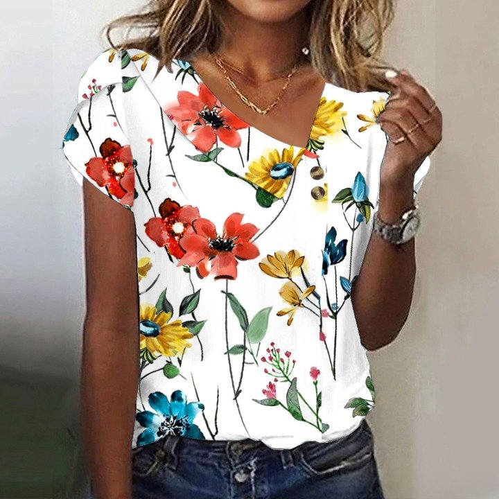 Women Geometric Short Sleeve Tee T-shirt Asymmetrical Buckle Vintage Summer Top
