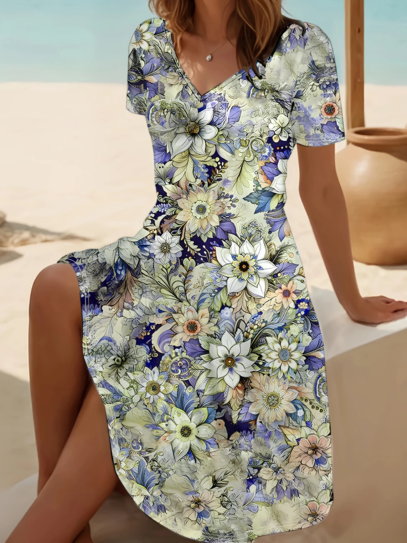 Women Floral Short Sleeve Summer Printing Dress V Neck Daily Casual Midi Fit & Flare Dress A-Line Dress