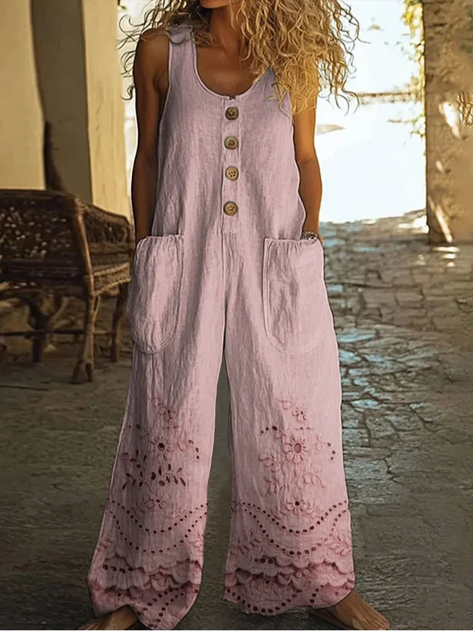 Women Floral Crew Neck Sleeveless Casual Summer Jumpsuit