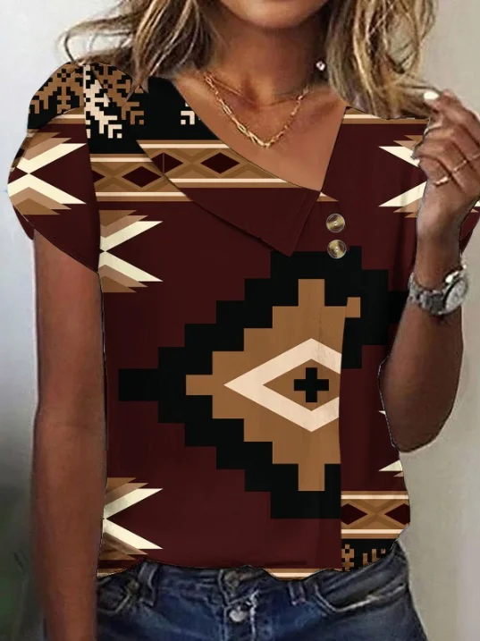 Women Geometric Short Sleeve Tee T-shirt Asymmetrical Buckle Vintage Summer Top