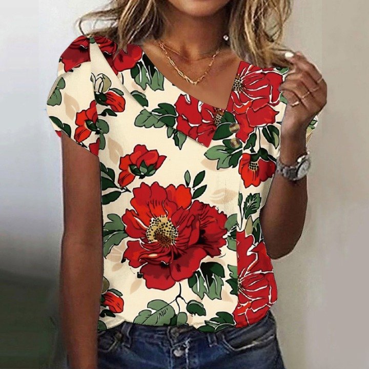Women Geometric Short Sleeve Tee T-shirt Asymmetrical Buckle Vintage Summer Top