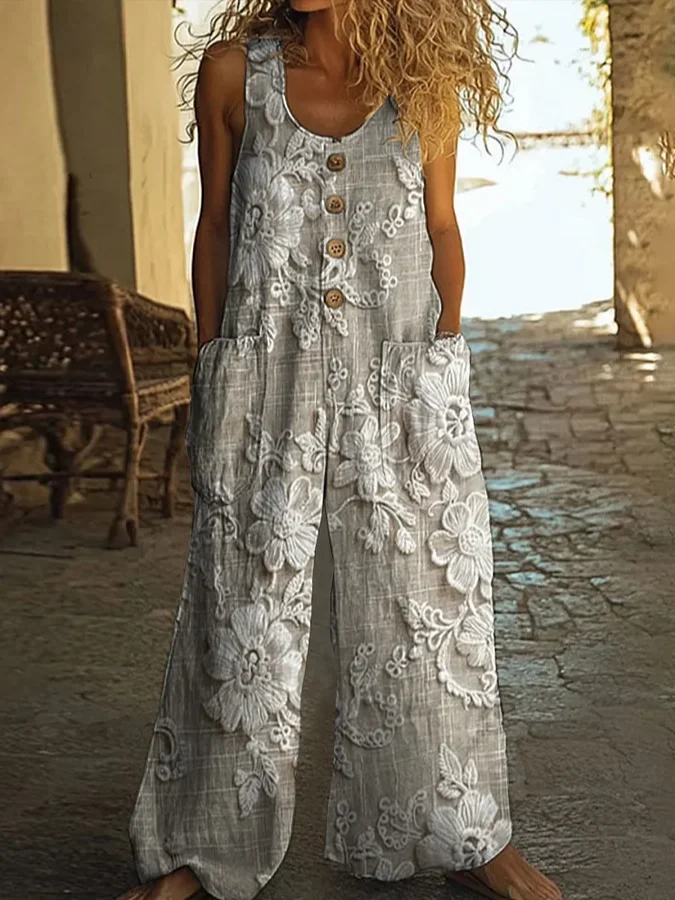 Women Floral Crew Neck Sleeveless Casual Summer Jumpsuit