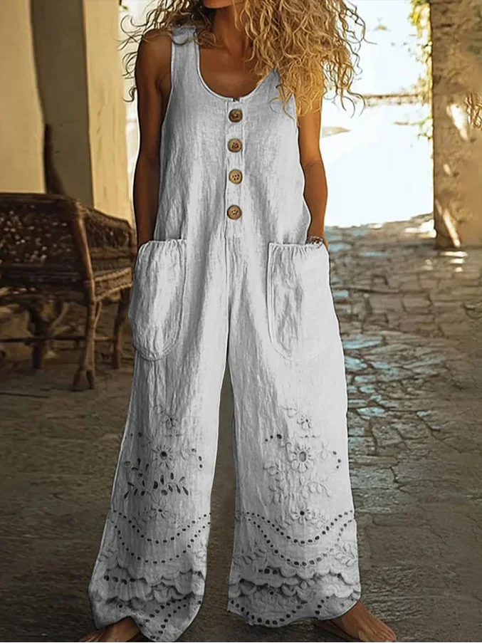 Women Floral Crew Neck Sleeveless Casual Summer Jumpsuit