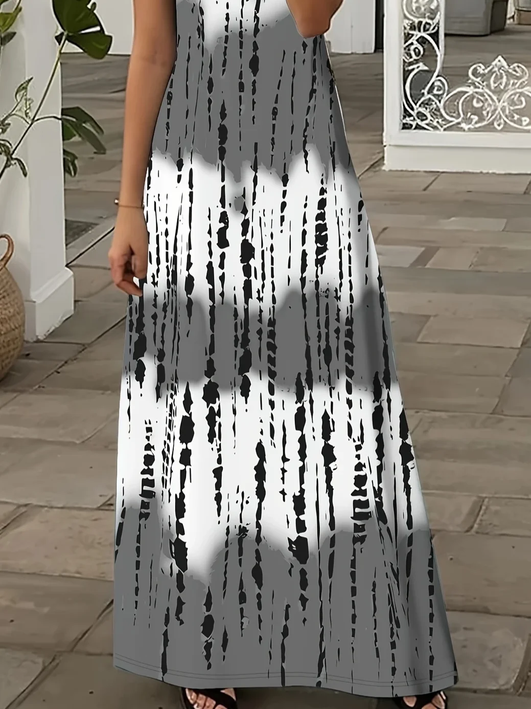 Women Abstract Stripes Short Sleeve Summer Printing Dress V Neck Daily Casual Maxi X-Line Dress