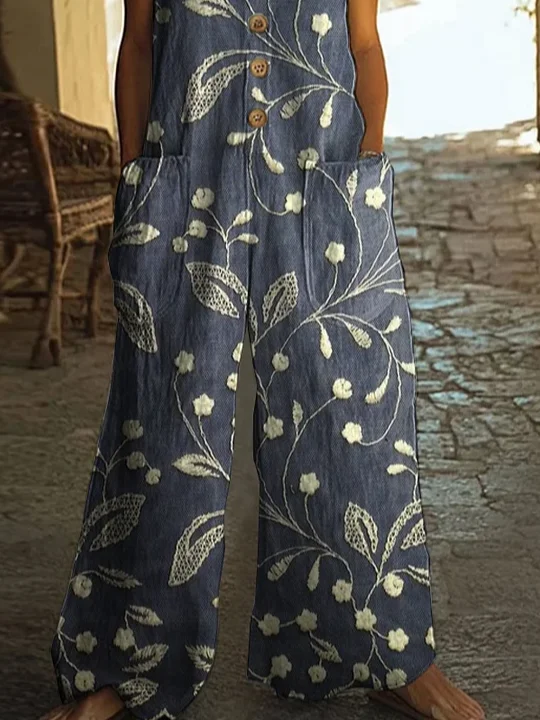 Women Floral Crew Neck Sleeveless Casual Summer Jumpsuit