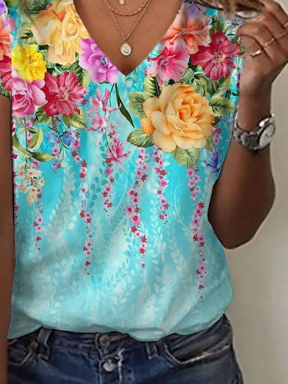 Women Floral Short Sleeve Tee T-shirt V Neck Printing Casual Summer Graphic Tee Top