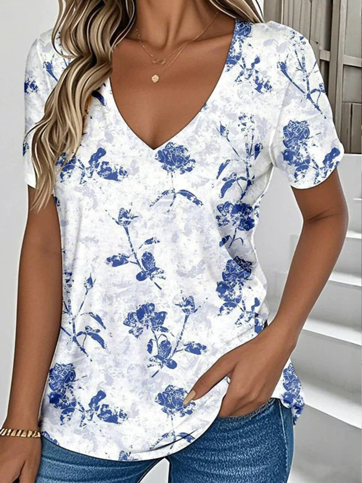 Women Floral Short Sleeve Tee T-shirt V Neck Casual Summer Top
