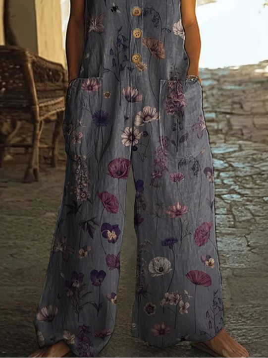 Women Floral Crew Neck Sleeveless Casual Summer Jumpsuit