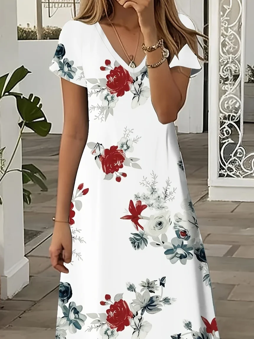 Women Floral Short Sleeve Summer Printing Dress V Neck Daily Casual Maxi X-Line Dress