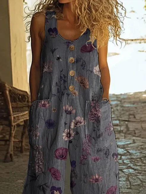 Women Floral Crew Neck Sleeveless Casual Summer Jumpsuit
