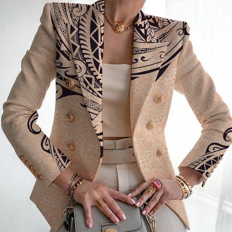 Women Geometric Spring/Fall Outerwear Vintage Printing Long Sleeve Regular Blazer