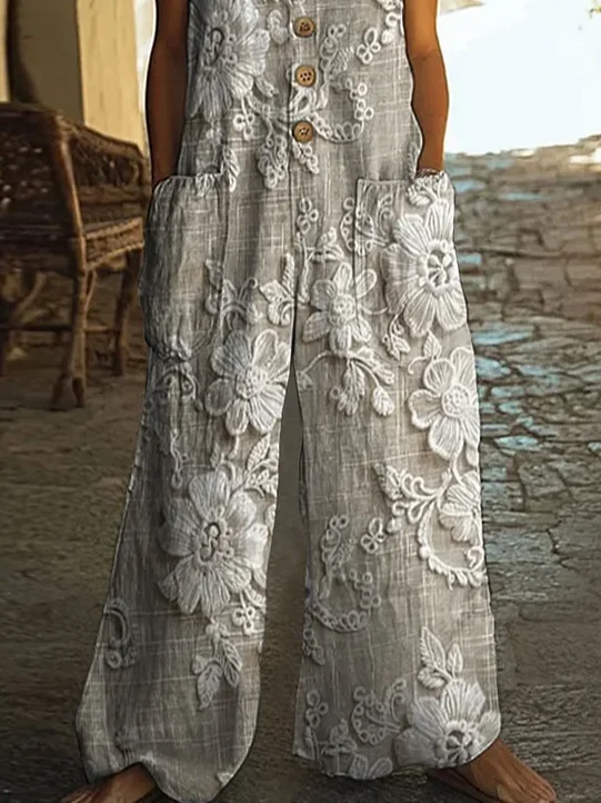 Women Floral Crew Neck Sleeveless Casual Summer Jumpsuit
