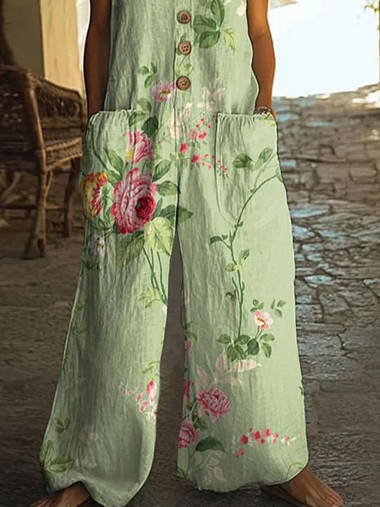 Women Floral Crew Neck Sleeveless Casual Summer Jumpsuit