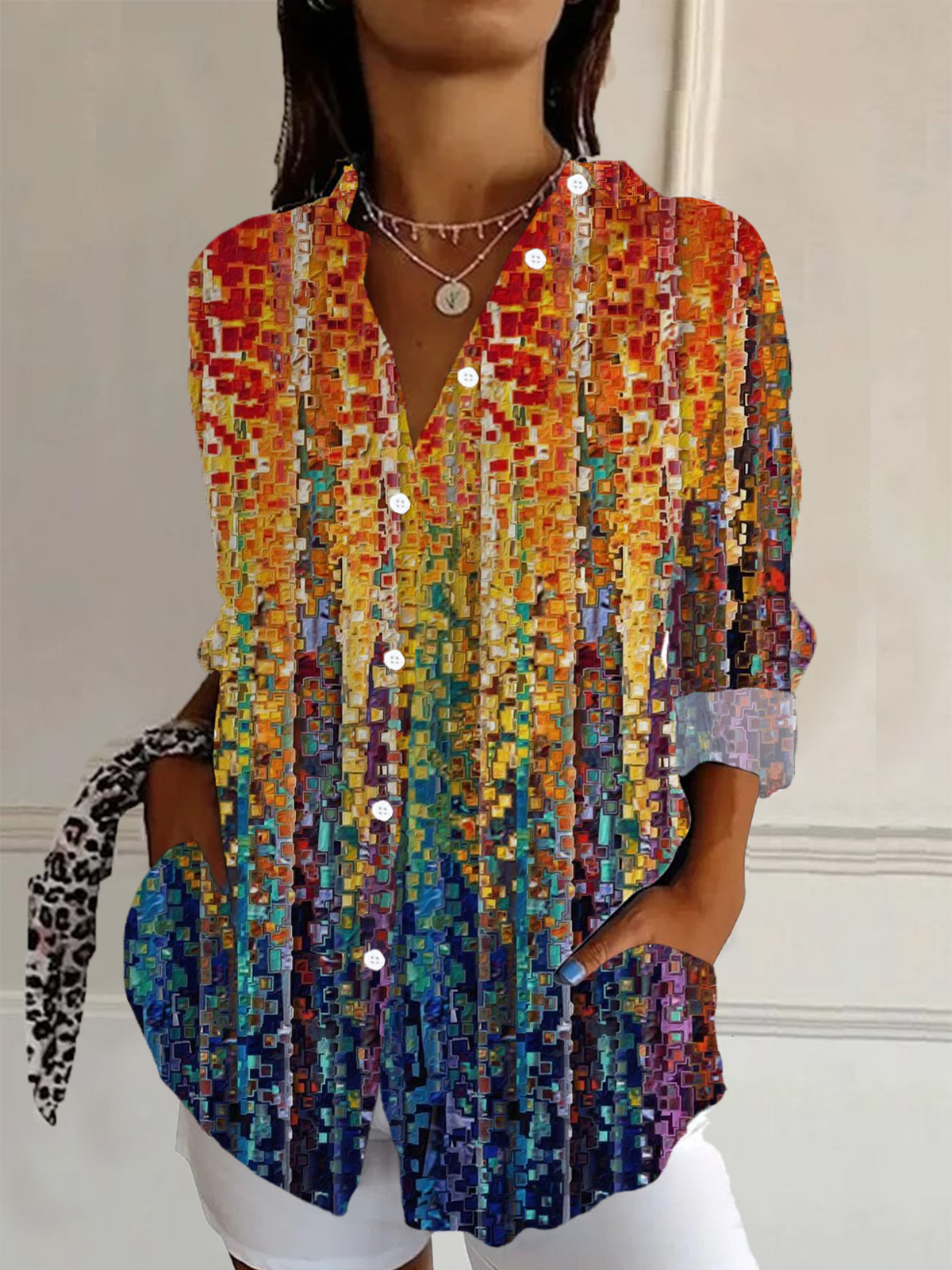 Women Abstract Long Sleeve Shirt Spring/Fall Buckle Shirt Collar Daily Casual Top