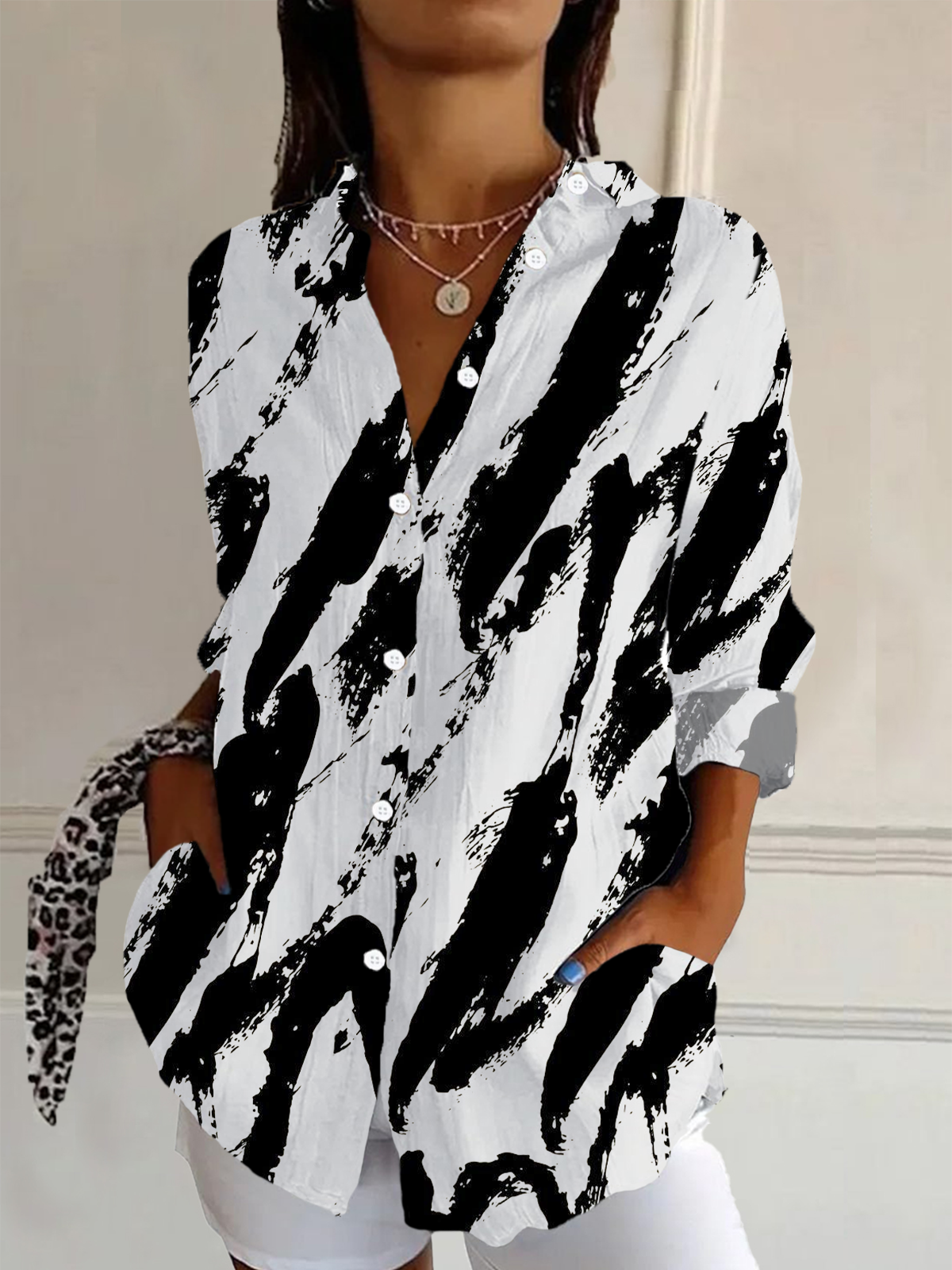 Women Abstract Long Sleeve Shirt Spring/Fall Buckle Shirt Collar Daily Casual Top