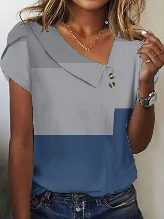 Women Geometric Short Sleeve Tee T-shirt Asymmetrical Buckle Vintage Summer Top