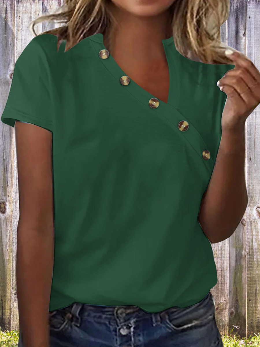 Women Plain Short Sleeve Tee T-shirt Asymmetrical Buckle Vintage Summer Top
