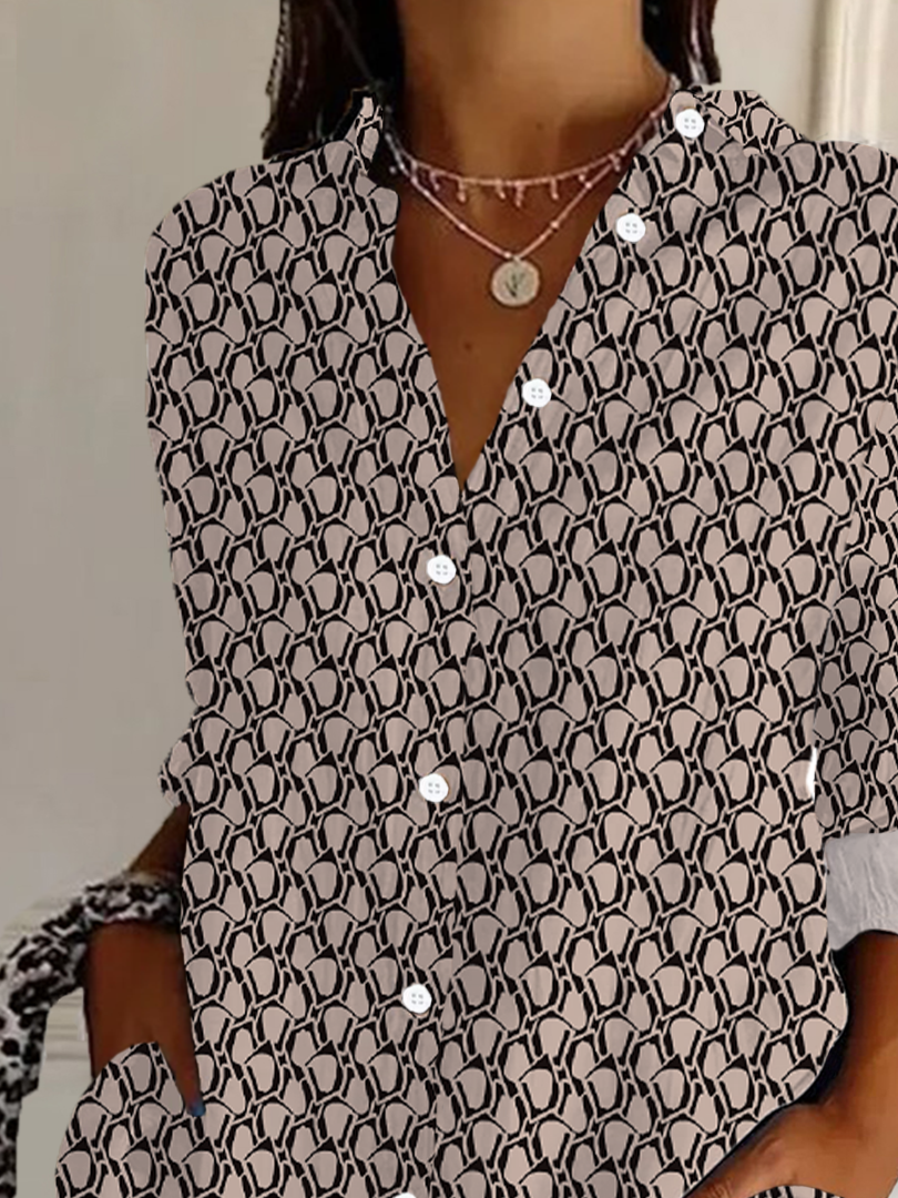 Women Geometric Long Sleeve Shirt Spring/Fall Buckle Shirt Collar Daily Casual Top