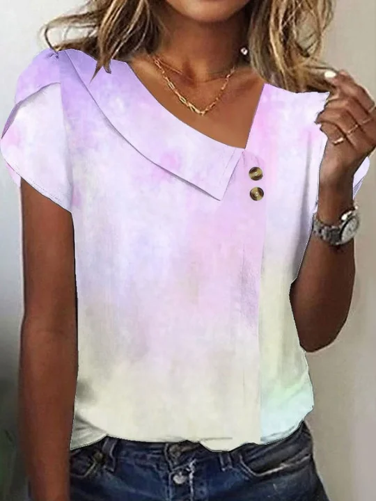 Women Geometric Short Sleeve Tee T-shirt Asymmetrical Buckle Vintage Summer Top
