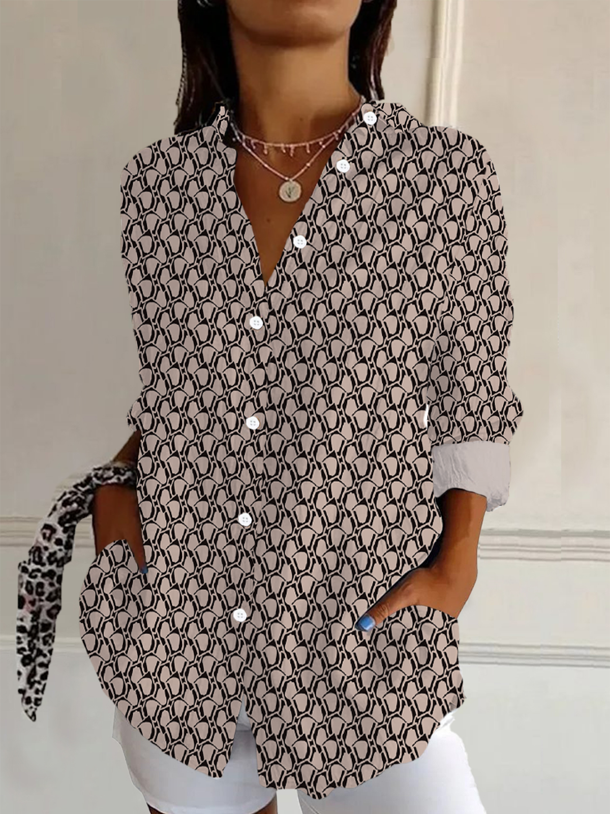 Women Geometric Long Sleeve Shirt Spring/Fall Buckle Shirt Collar Daily Casual Top