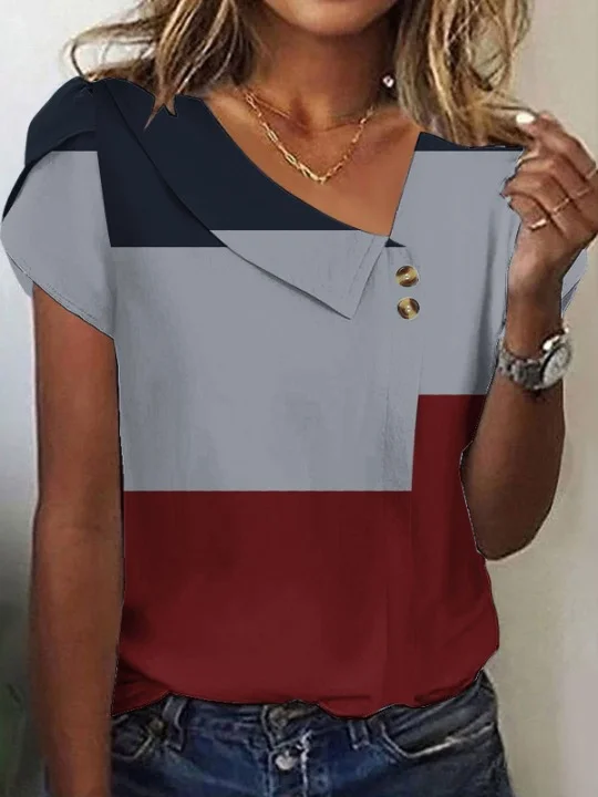 Women Geometric Short Sleeve Tee T-shirt Asymmetrical Buckle Vintage Summer Top