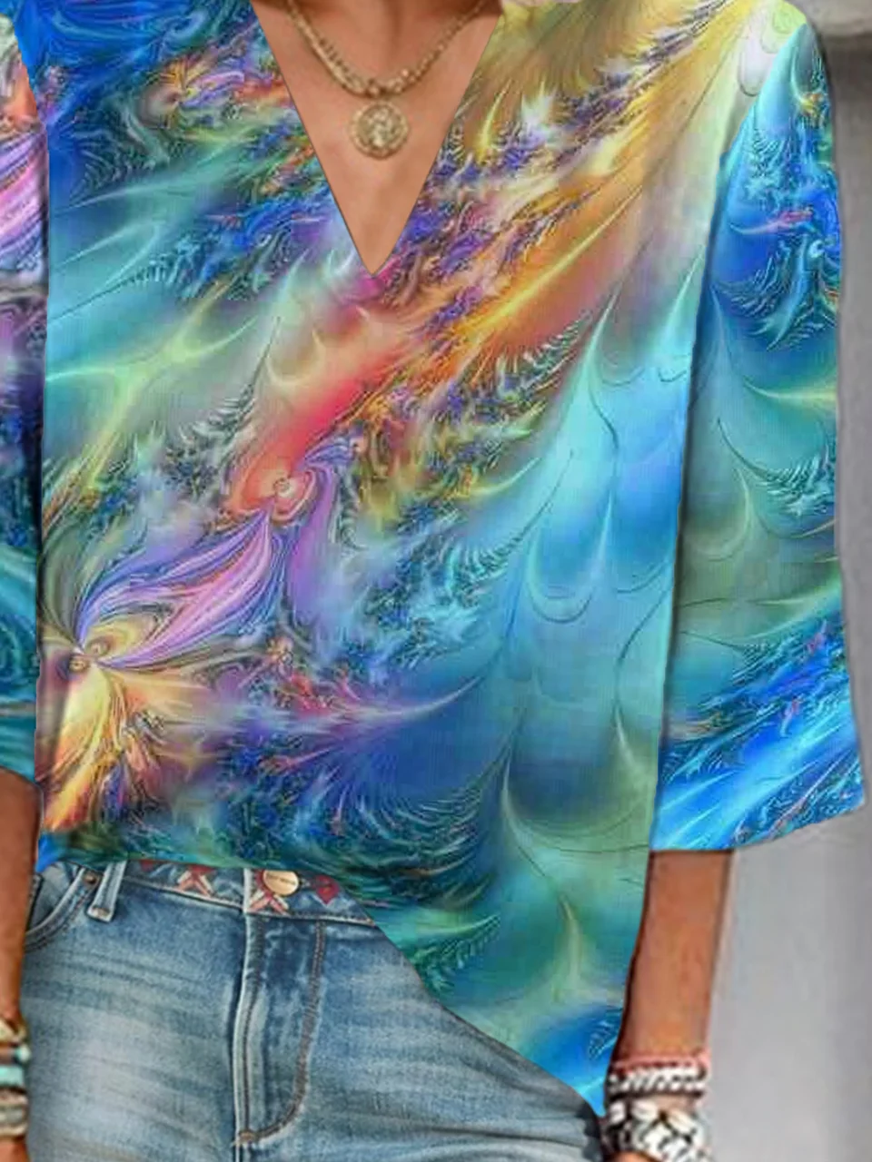 Women Abstract Three Quarter Sleeve Blouse Spring/Fall Printing V Neck Daily Casual Top