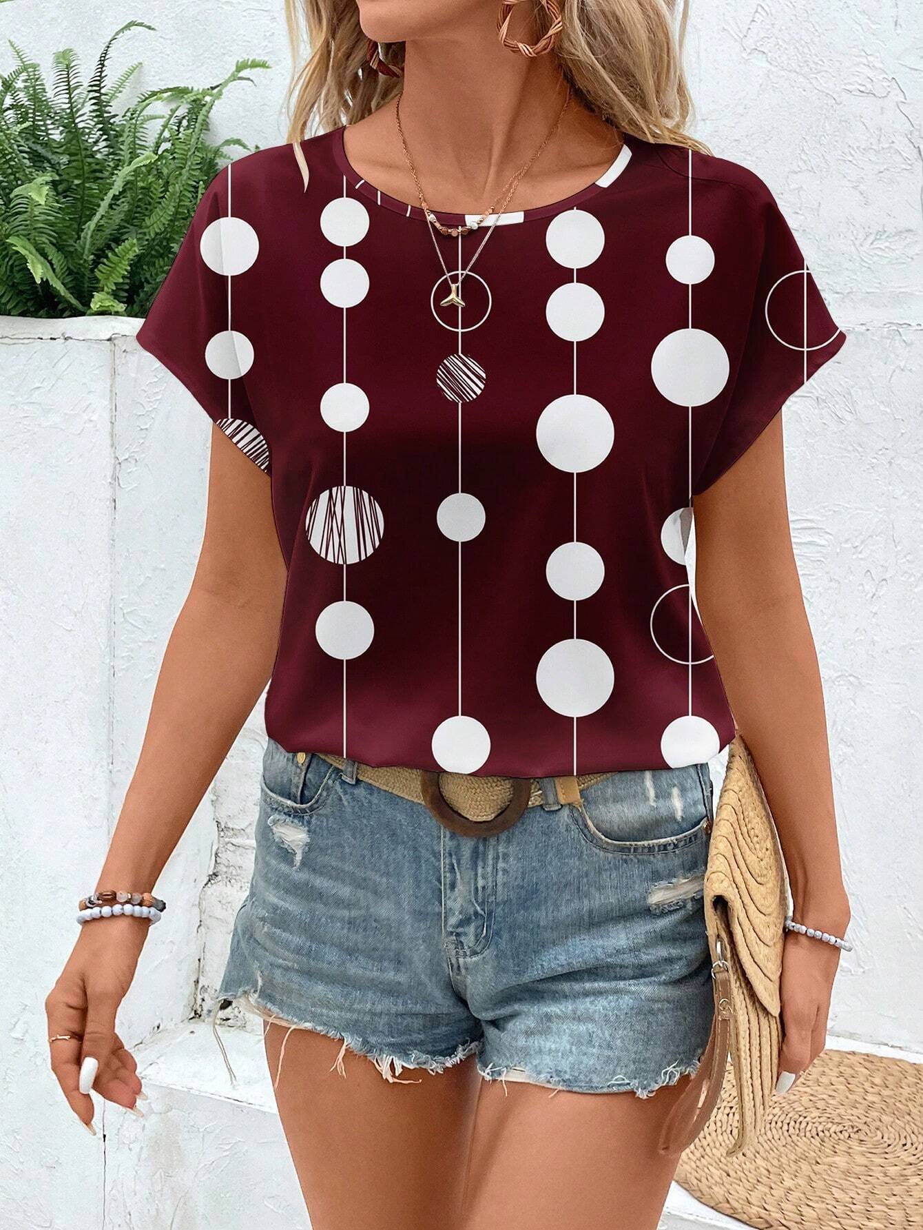 Women Polka Dots Short Sleeve Tee T-shirt Crew Neck Printing Casual Summer Graphic Tee Top