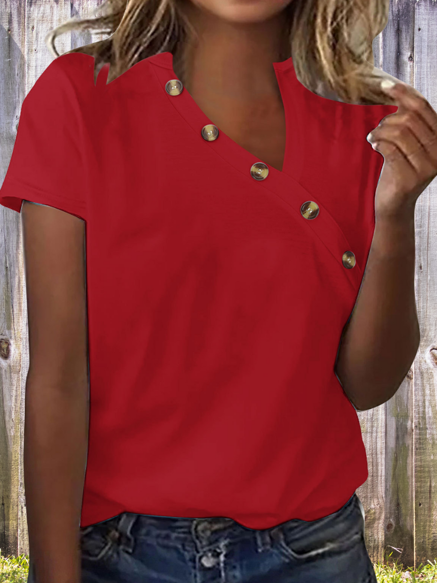 Women Plain Short Sleeve Tee T-shirt Asymmetrical Buckle Vintage Summer Top