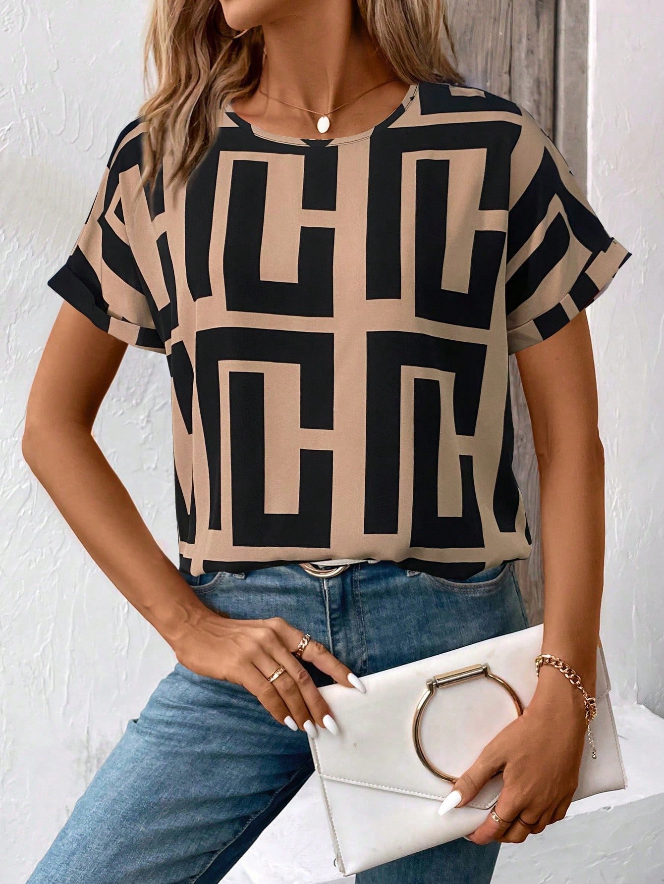 Women Geometric Short Sleeve Tee T-shirt Crew Neck Printing Casual Summer Graphic Tee Top