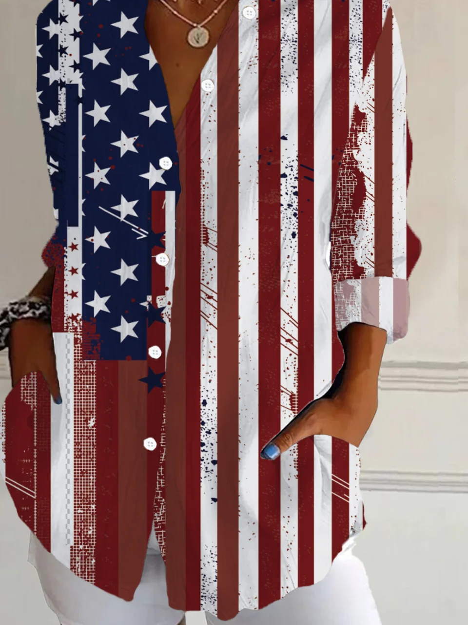 Women Independence Day (Flag) Long Sleeve Shirt Spring/Fall Buckle Shirt Collar Daily Casual Top
