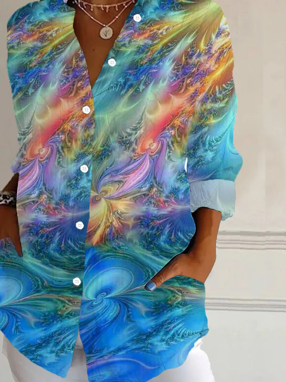 Women Abstract Long Sleeve Shirt Spring/Fall Buckle Shirt Collar Daily Casual Top