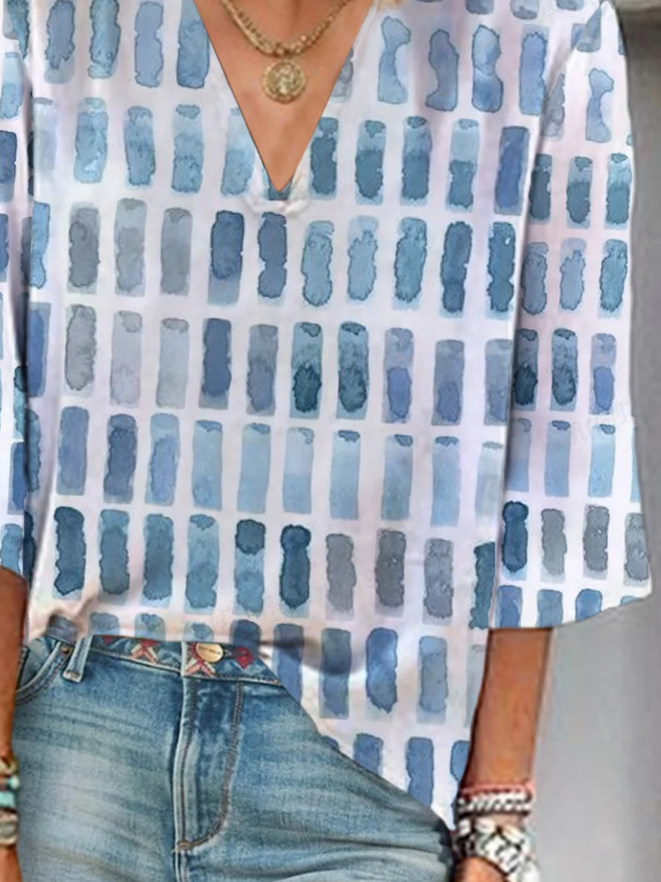 Women Geometric Three Quarter Sleeve Blouse Spring/Fall Printing V Neck Daily Casual Top