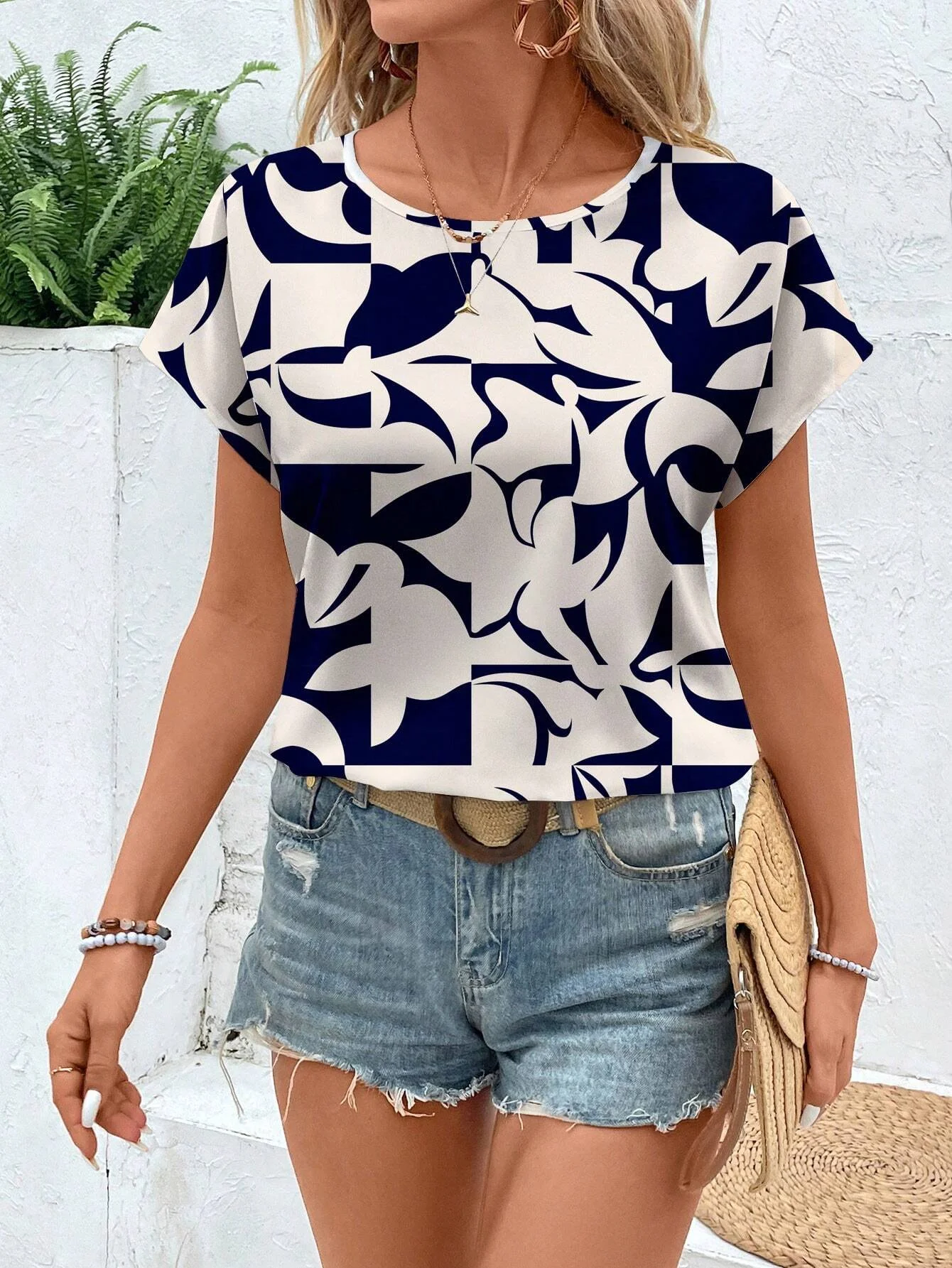 Women Geometric Short Sleeve Tee T-shirt Crew Neck Printing Casual Summer Graphic Tee Top