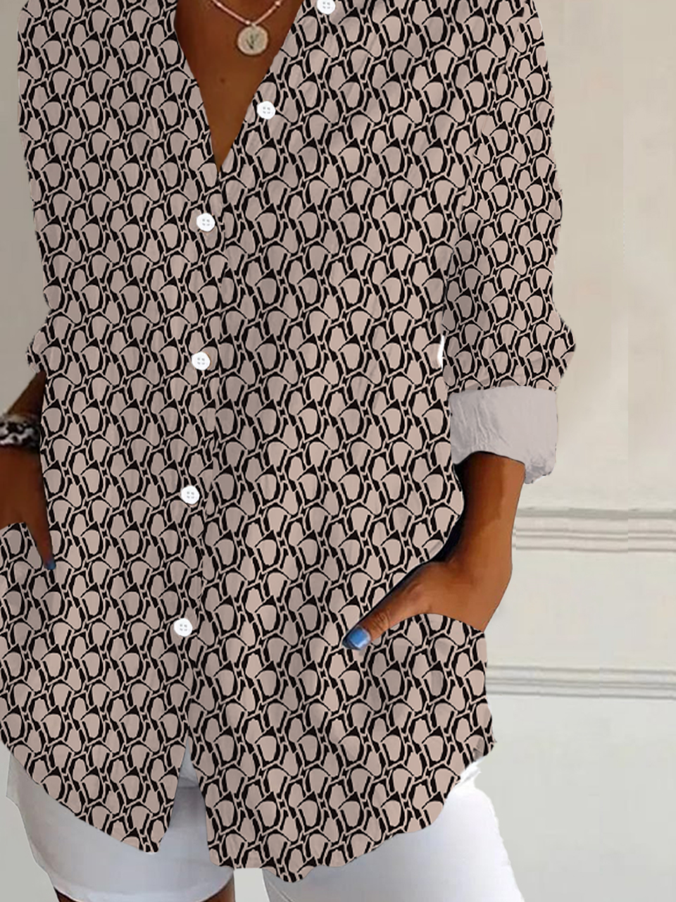 Women Geometric Long Sleeve Shirt Spring/Fall Buckle Shirt Collar Daily Casual Top