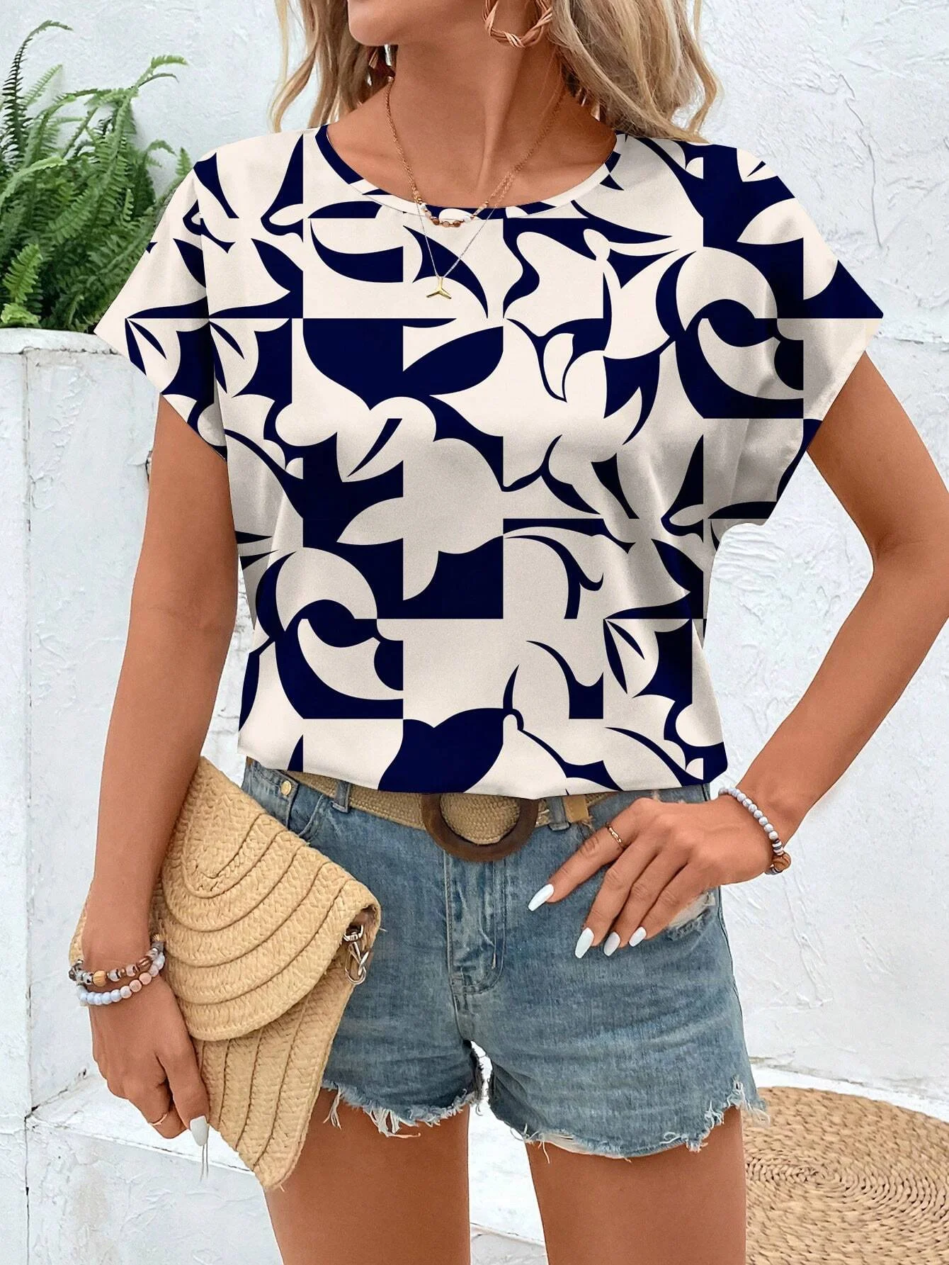 Women Geometric Short Sleeve Tee T-shirt Crew Neck Printing Casual Summer Graphic Tee Top