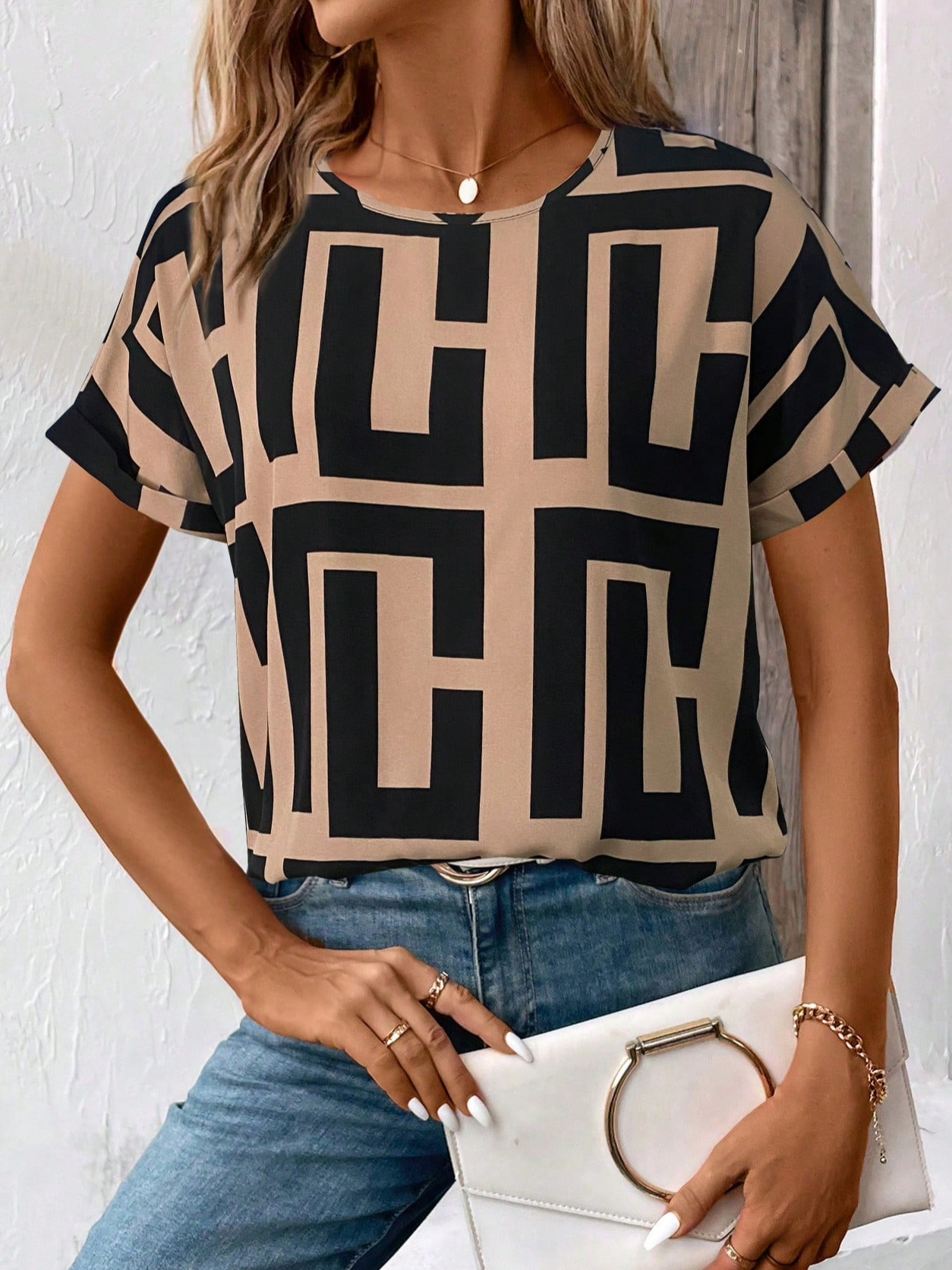Women Geometric Short Sleeve Tee T-shirt Crew Neck Printing Casual Summer Graphic Tee Top