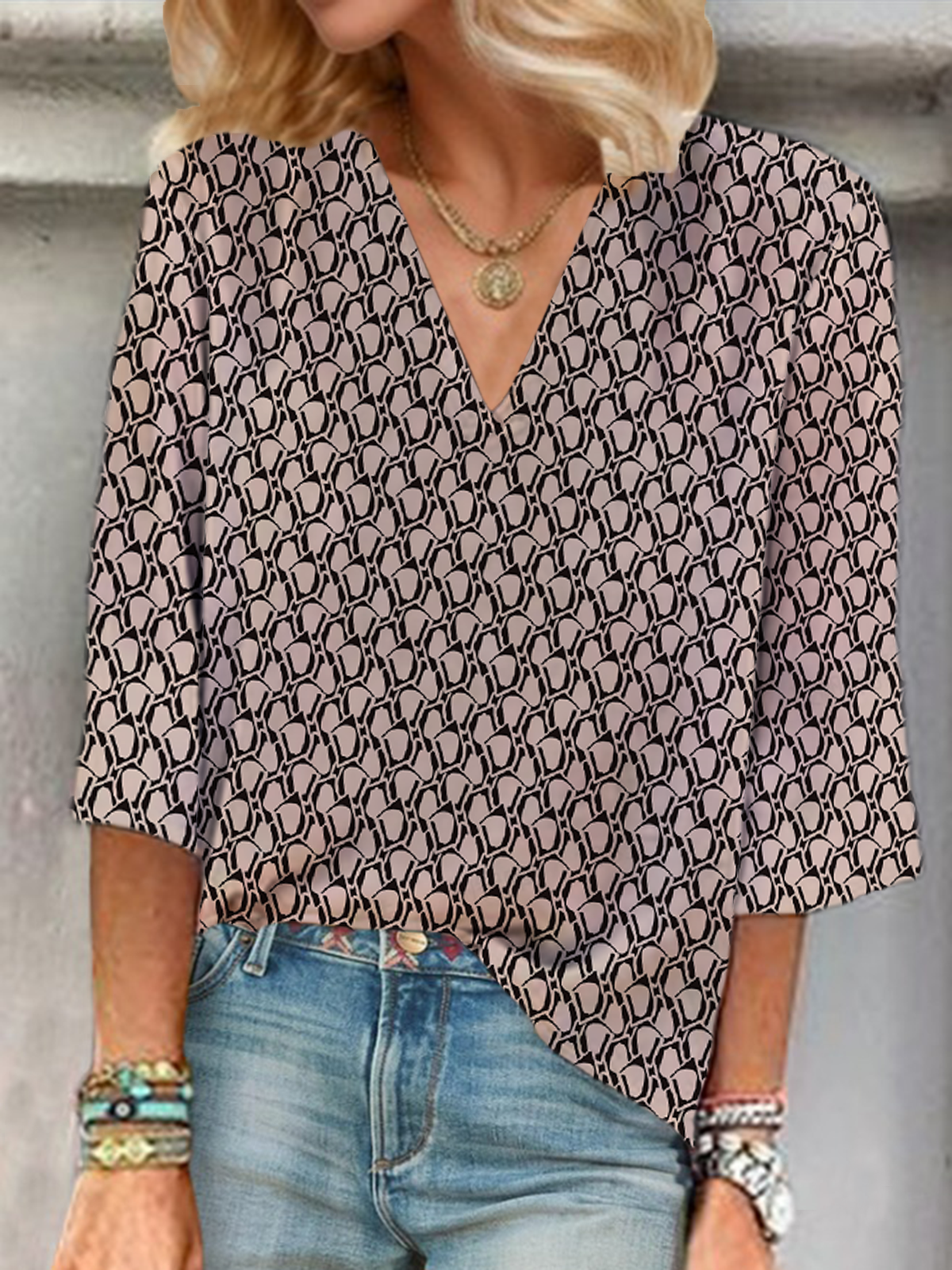 Women Geometric Three Quarter Sleeve Blouse Spring/Fall Printing V Neck Daily Casual Top