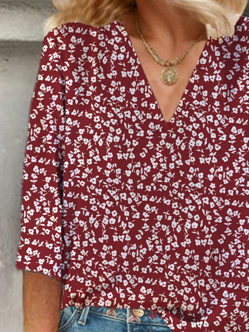 Women Floral Three Quarter Sleeve Blouse Spring/Fall Printing V Neck Daily Casual Top