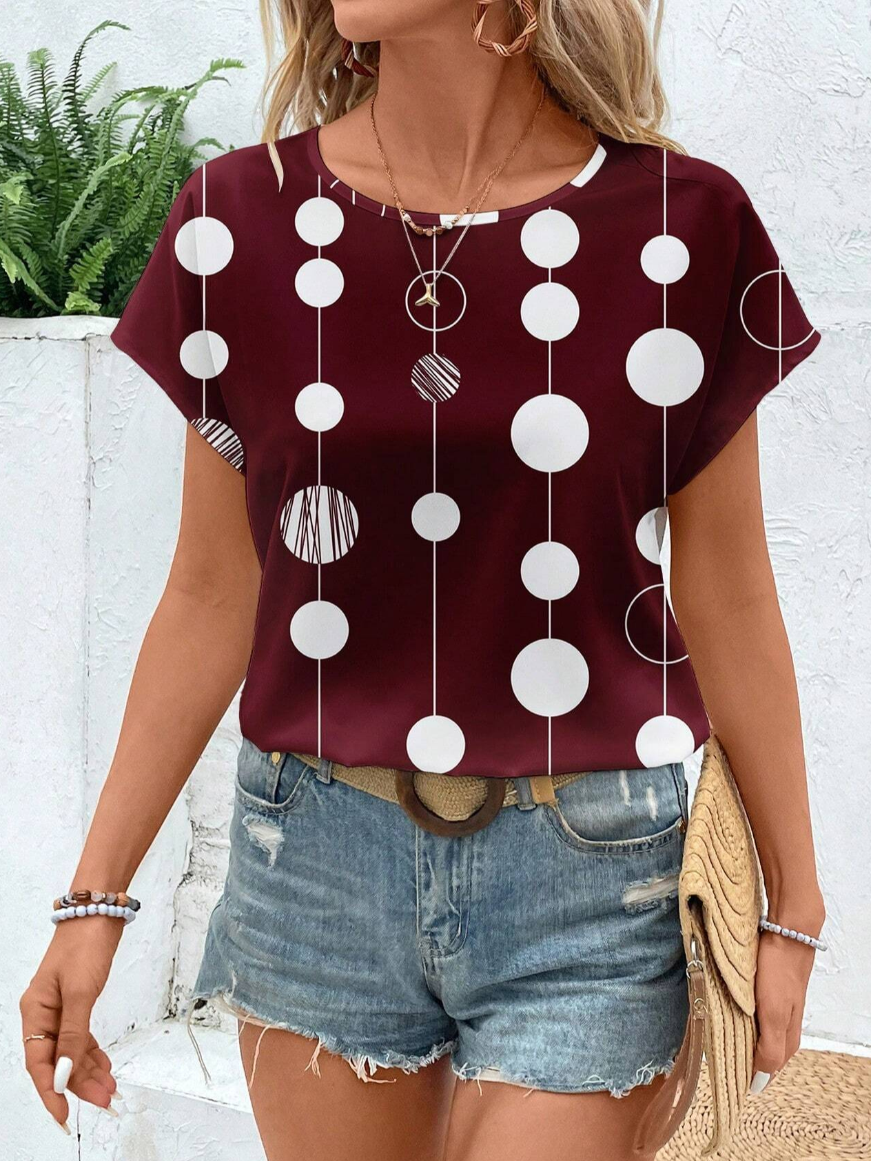 Women Polka Dots Short Sleeve Tee T-shirt Crew Neck Printing Casual Summer Graphic Tee Top