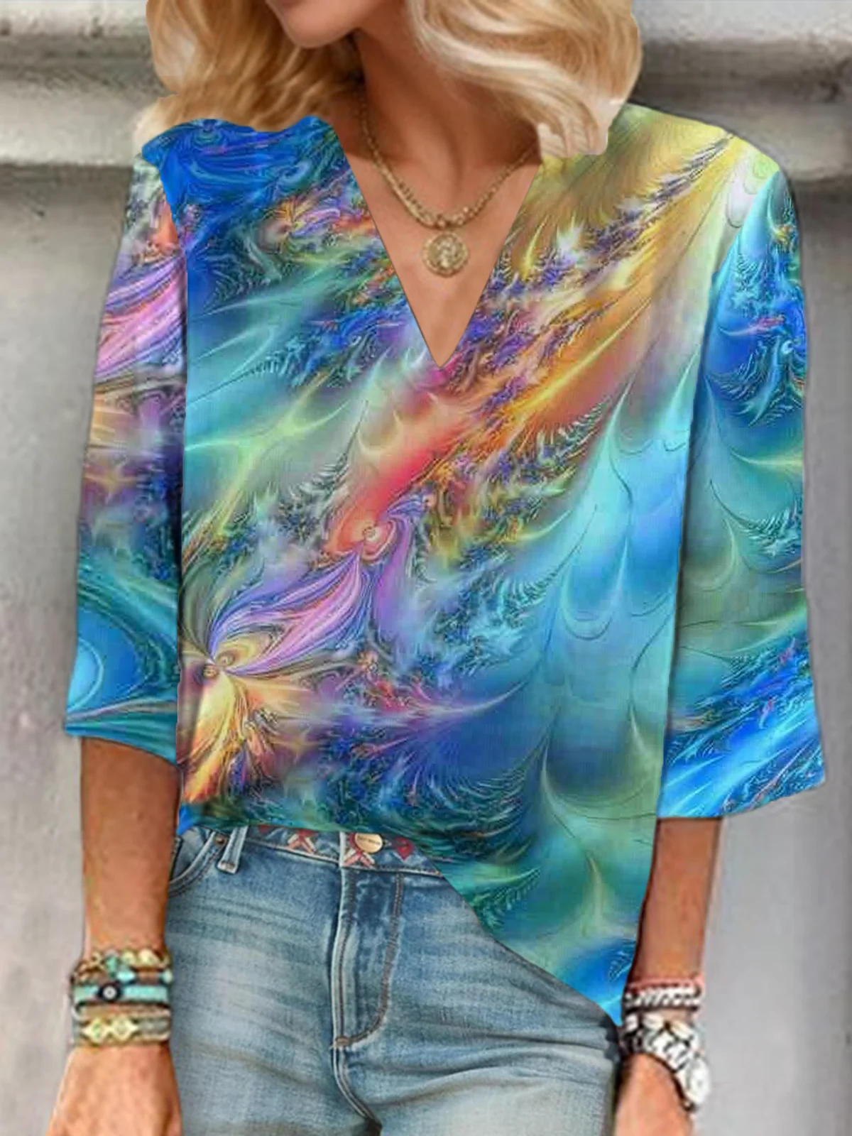 Women Abstract Three Quarter Sleeve Blouse Spring/Fall Printing V Neck Daily Casual Top