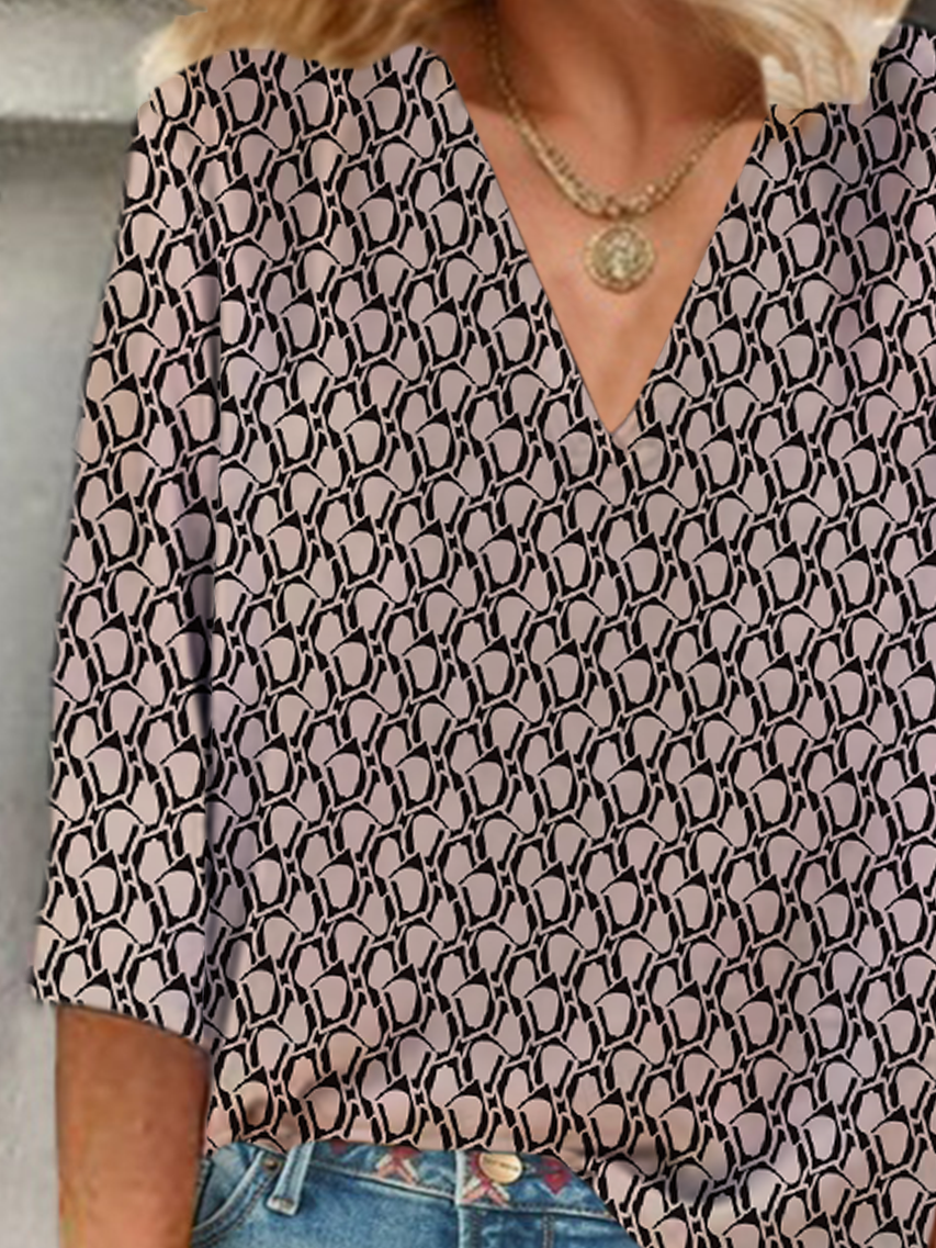 Women Geometric Three Quarter Sleeve Blouse Spring/Fall Printing V Neck Daily Casual Top