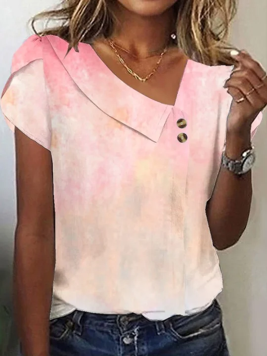 Women Geometric Short Sleeve Tee T-shirt Asymmetrical Buckle Vintage Summer Top